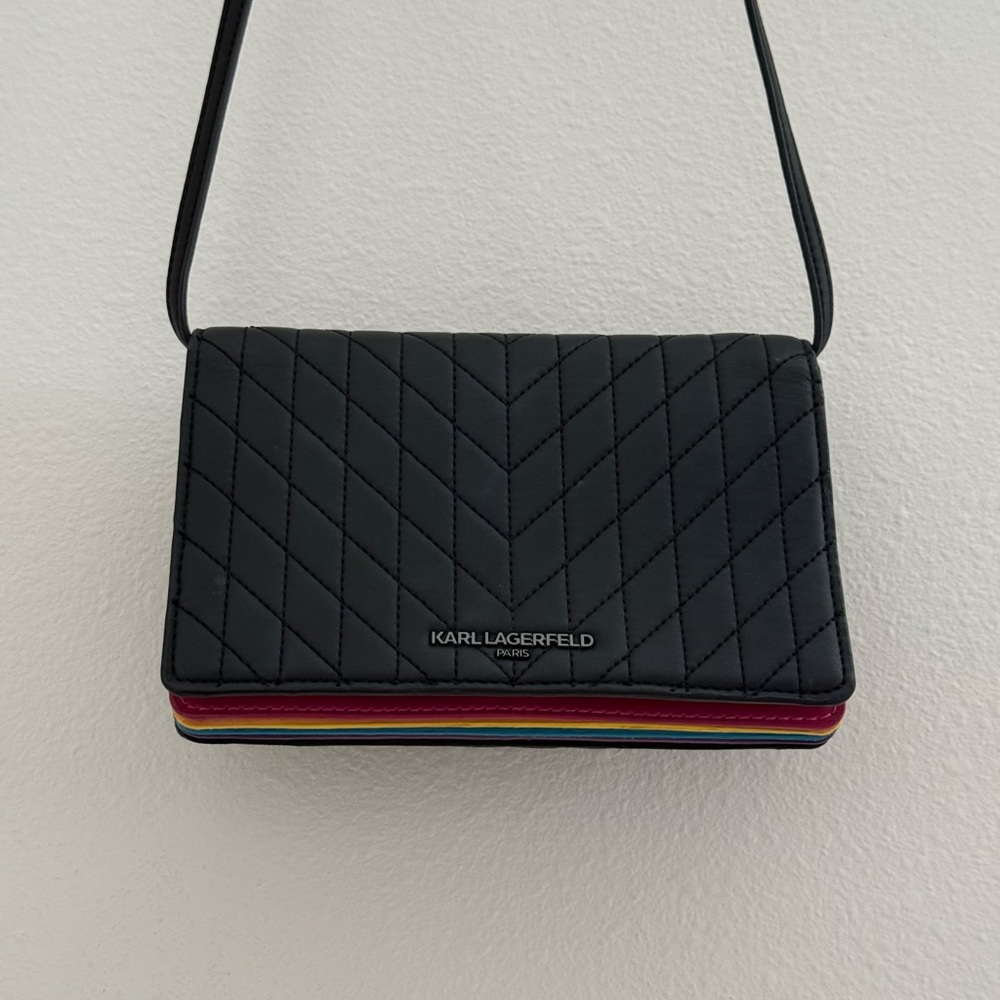 Karl Lagerfeld Black Quilted Crossbody Bag with Multicolor Trim